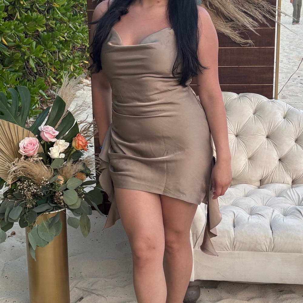 Oh Polly Tan Bodycon Mini Dress Scoop Neck Sleeveless